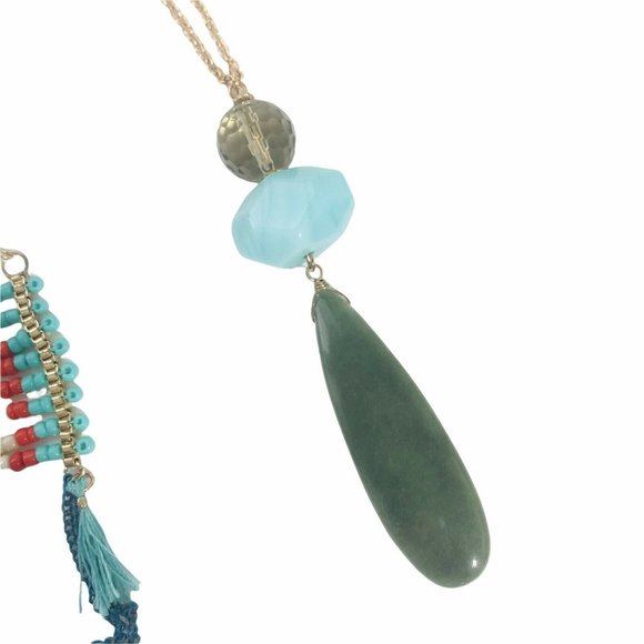 Lot of 3 Goldtone Boho Faux Turquoise Jade Pendant Necklaces Beaded 28" New - Picture 4 of 5